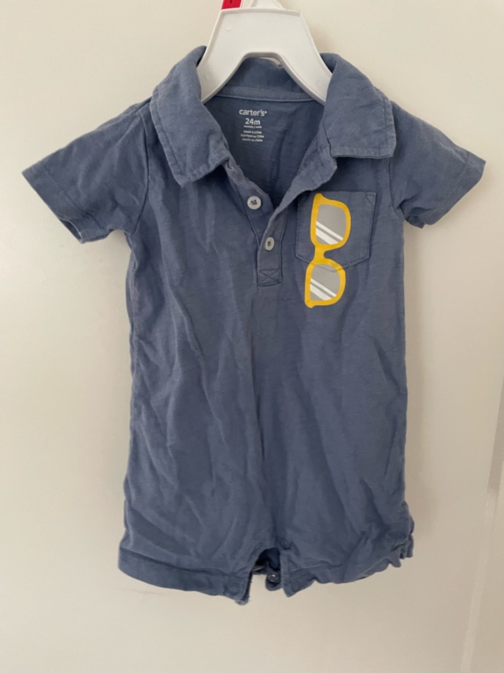 Carter's Blue Polo Romper with Yellow Sunglasses Patch 24 months size